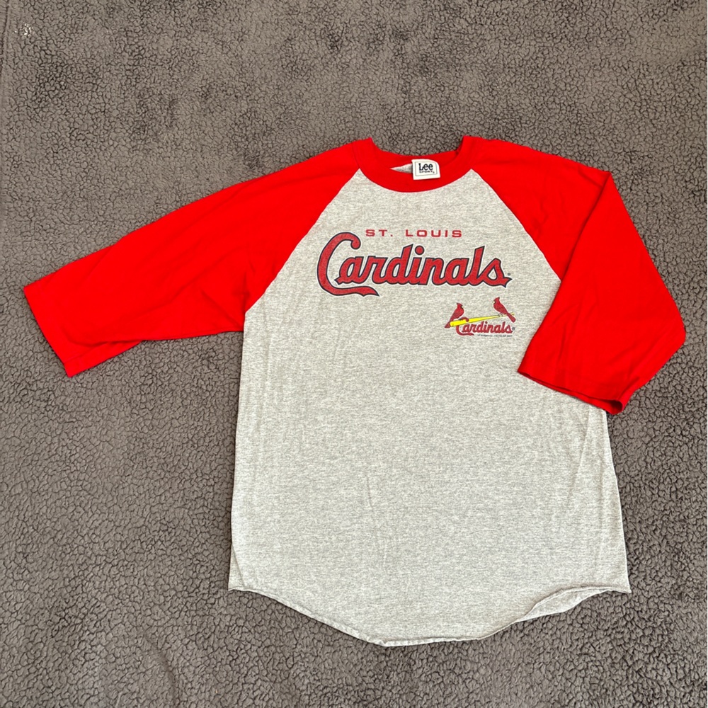 Vintage lee shirt mens medium gray red cardinals logo 90s raglan - Picture 1 of 11